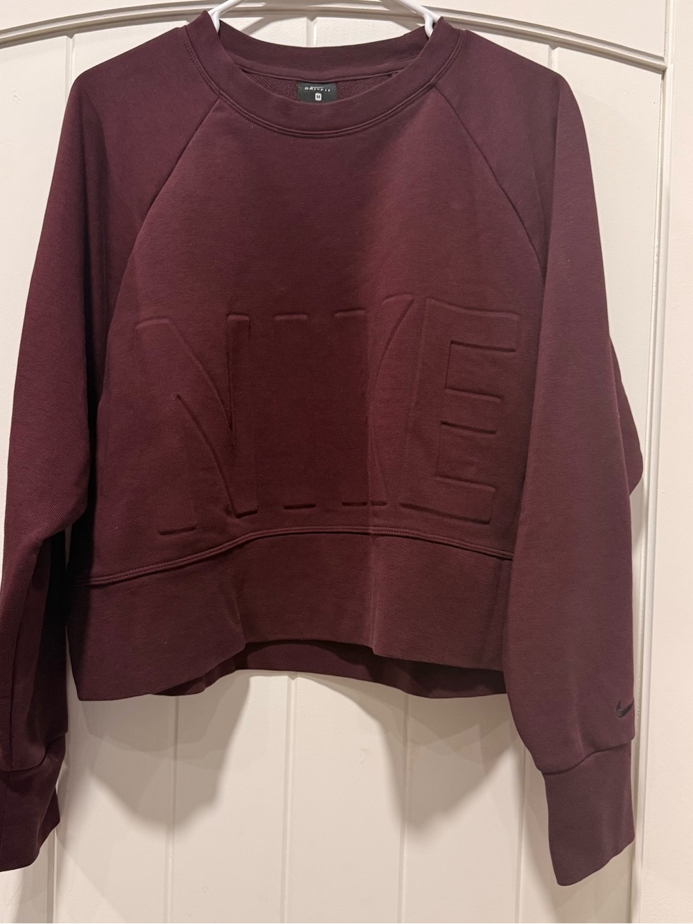 Nike Dri-FIT Cropped Crewneck Sweatshirt -Maroon/Burgundy Embossed Logo - M